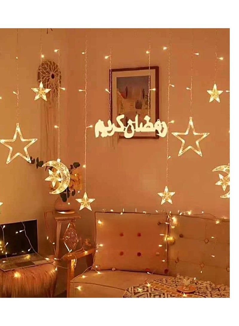 Ramadan lighting: two crescents with a star, two large stars and 4 small stars, and lighting in the shape of Ramadan Kareem